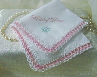 Maid of Honor Handkerchief, Hanky, Hankie, Bridal party gift, Hand Crochet, Pink, Embroidered, Personalized, Custom, Maid of Honor gift