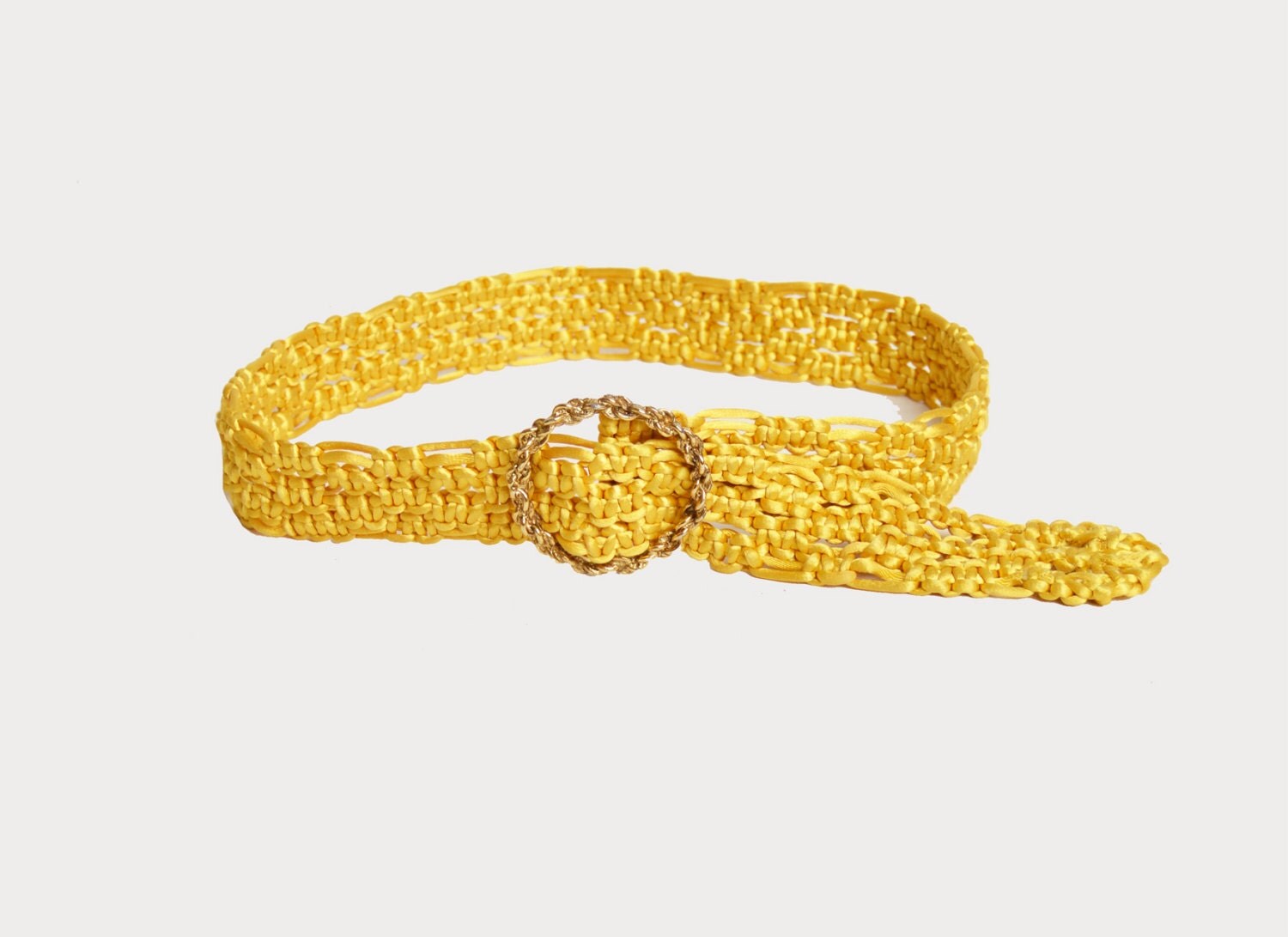 Vintage 70s Rope Belt / 1970s Woven Yellow Satin Rope Belt