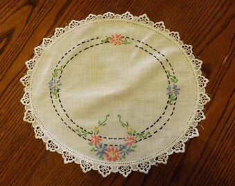 Vintage Hand Embroidered Round Doily