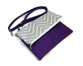 Gray Purple Fold Over Bag, Crossbody Bag, Zipper Foldover Purse, Cross Body Bag, Adjustable Strap, Removable Strap, Zipper Clutch, Zig Zag