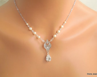Backdrop Pearl Necklace Crystal Necklace Bridal Necklace Vintage Style Wedding Jewelry Crystal Bridal Necklace Swarovski Pearl ALLY