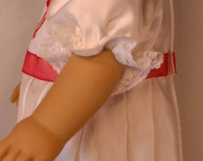 White satin with heart embroidery dress fits dolls like American Girl and 18" dolls