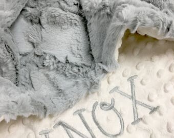Baby Blanket, Personalized Baby Blanket, Gray Lattice and Ivory Minky Baby Blanket, Newborn Boy Baby Blanket, Stroller Size