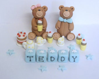 Handmade Edible Teddy Bear Picnic Cake Topper Decoration christening Baby blue