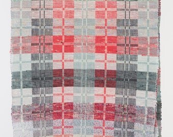 Vintage Hungarian Rag Rug. Grey, Green and Red Check. Hall Runner. Long Corridor Rug.