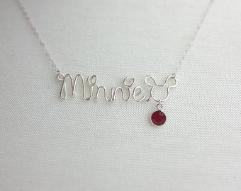 Disney Name Necklace with Birthstone Silver Name Necklace Disney Adult Jewelry Mickey Mouse Disney Name, Disney Vacation Accessories Gifts