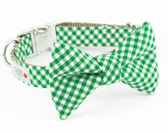 Green Gingham Bowtie Dog Collar