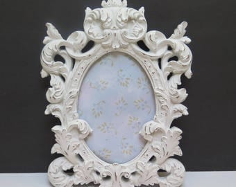 Ornate Baroque Oval Picture Frame - painted White and distressed with glass to hang on wall