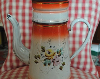 Enameled French COFFEE POT Shaded in Red Hand painted ROSES
