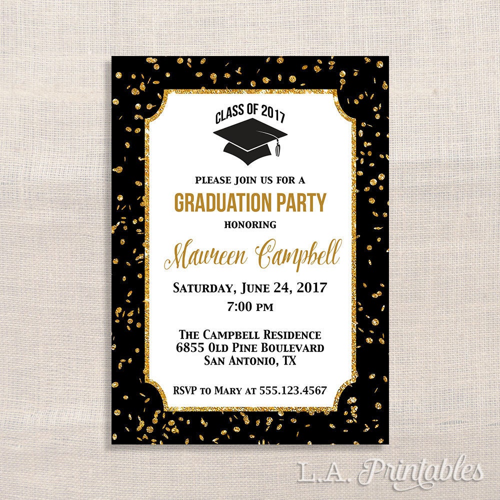 Graduation Party Invitation Black and Gold Glitter Confetti