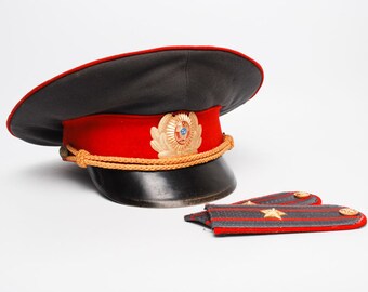 Sale off 20% vintage Russian soviet military police uniform hat, Militia hat and officer uniform strap, major, from Soviet Union, USSR.