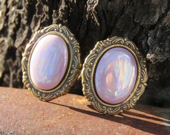 Vintage Oval Shape Shiny Pink & Bronze Clip On Earrings, Costume Jewelry, Mother's Day, Pretty In Pink.