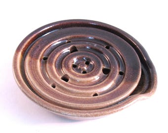 Brown Soap Dish - Drain Tray - One Piece - Draining Soap DishKitchen or Bath - Handmade Pottery - Pottersong - Walnut Brown - Oatmeal Tan