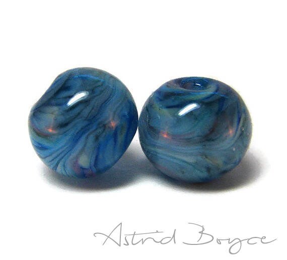 Bright Water Round Lampwork Bead Artisan Beads Bead Pair - Pantone Niagara Blue Pantone 2017-Mix of Blues with a bit of Lavender under Clear