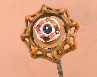 Steampunk Flower Garden Stake Tall metal vase filler floor decor patio porch Upcycled Computer rebar art Gardener gift Industrial Orange