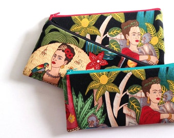 Frida Kahlo zipper bag, cosmetic bag, makeup bag, pencil case, pencil pouch, zipper case, organizer, Frida with monkey or Frida with parrot