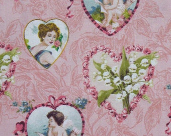 Vintage Style Valentine Fabric, Valentines Fabric, Cupid and Hearts, Romantic Fabric, By the Yard, Valentine Hearts, Cotton Fabric