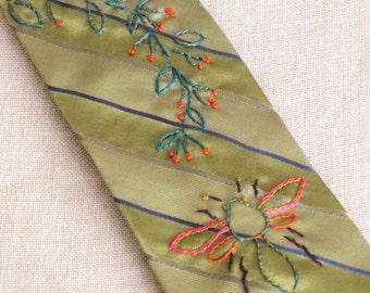 Mens Ties, Neck Tie, Bees, Hand Embroidered, Neckties, Bumble Bees, Up-Cycled, Green Silk, Vintage Ties, Handmade, Wil Shepherd Studio,Ties