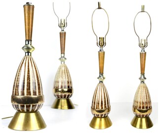 Table lamps, Mid Century, Danish Modern, pair, 33", retro, atomic, wood, ceramic, retro, 1960s, brass