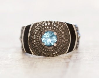 Navajo Silver Ring - Sterling Silver Cloud Company - Feathers and Blue Rhinestone - Native American Jewelry - Art Deco Ring Size 6.5