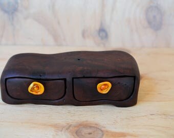 Jarrah box. Wood box. twin drawer box. Sculptured box. glass drawer knob. wooden box. ochre glass. Wood drawer box.