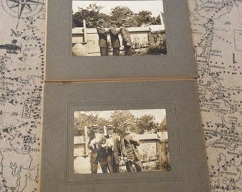 3 Young men in straw boater hats with puppies set of 2 1920s photos
