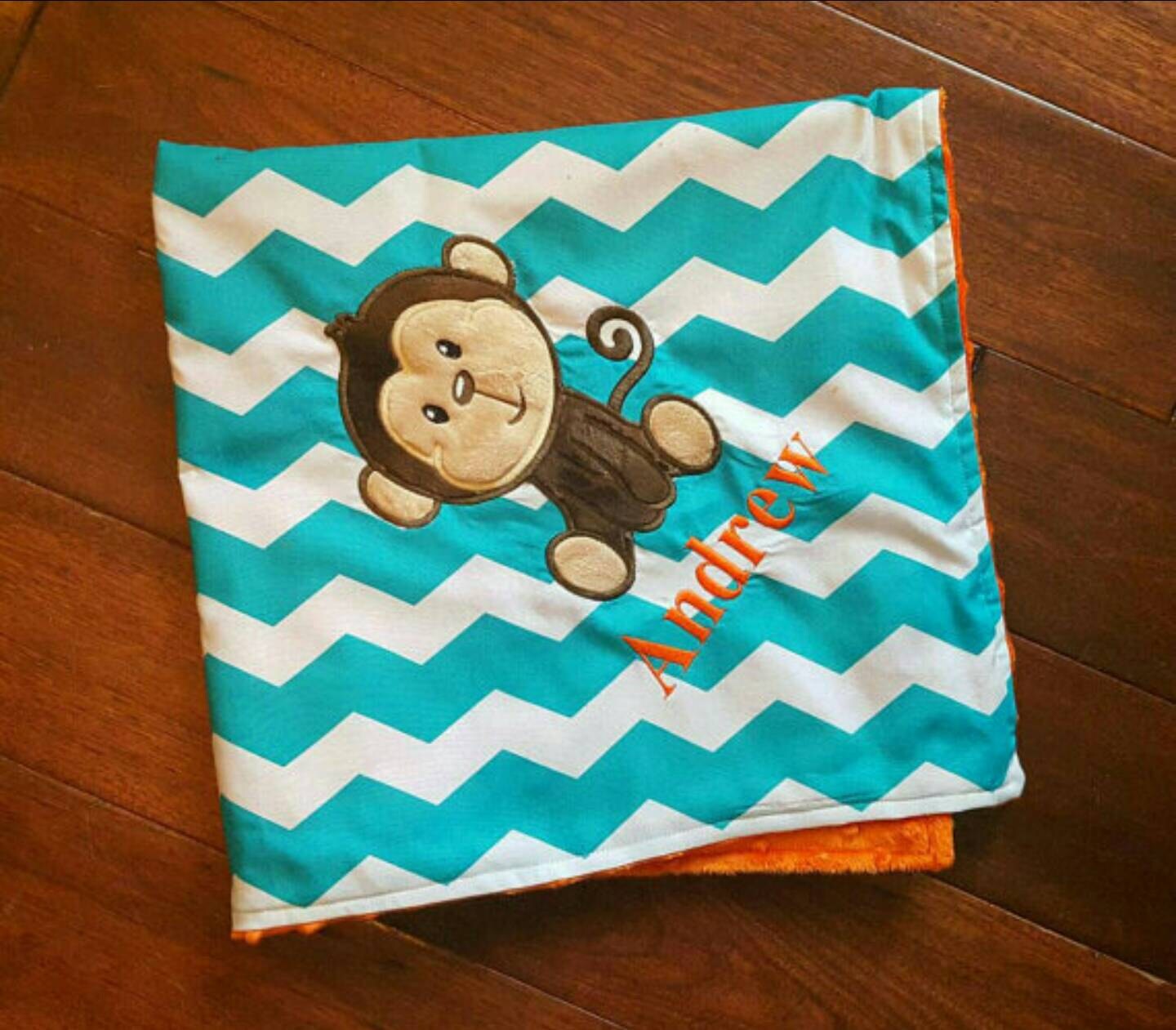 Cotton chevron and minky dot Monkey baby blanket personalized