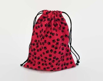 Puppy Paw Prints Drawstring Fabric Gift Bag Upcycled, Reusable