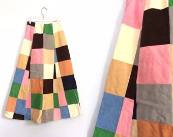 Vintage 70s Patchwork Maxi Skirt / Long Hippie Boho Festival Skirt / Faux Suede Colorblock Skirt / Size Small