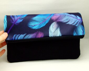 Foldover zipper clutch, zipper pouch, wedding purse, evening clutch, bridesmaid gifts set - Feather (Ref. FZ2)