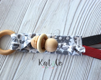 Ready to ship Natural maple teething ring in organic gray and white "folk" fabric. Can be personalized.