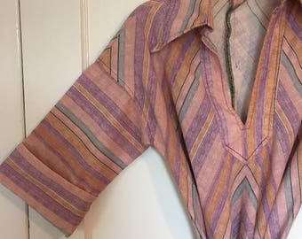 Vintage 70s dress chevron handmade house dress day dress bell sleeves Boho