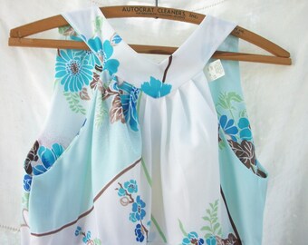 Malihini Hawaii ~ Hawaiian Dress / Maxi ~ Full Length ~Vintage 1960's 1970's era ~ Tropical 2 piece ~ White with Blues & Greens