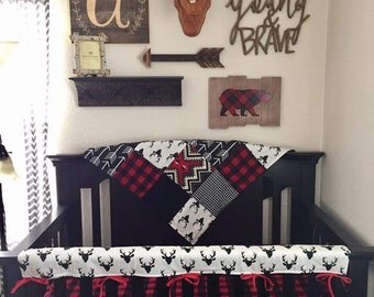 Baby Boy Crib Bedding - Buck Deer, Black Arrows, Lodge Red Black Buffalo Check, Aztec, and Black Crib Bedding Ensemble