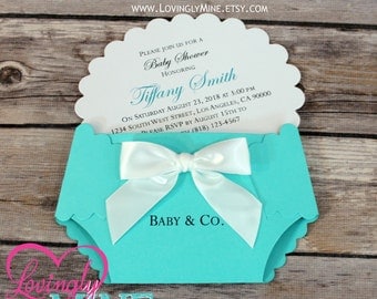 Customizable Diaper Shape Invitations - Set of 10 - Light Teal Aqua, Robin Egg Blue, Designer Inspired - Baby & Co - Custom Printed
