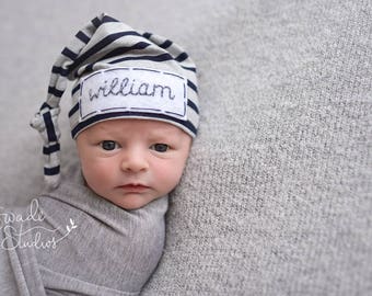 Baby knot hat name - newborn boy coming home outfit - monogramed hat - personalized newborn hat - hospital hat - newborn photo prop