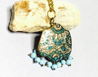 Flower Cloisonne Pendant, aqua blue enamel, turquoise beads, Gold Tone, Matching Necklace, item no. B3042