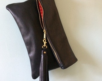 Black leather clutch bag, leather fold over clutch purse, black evening bag