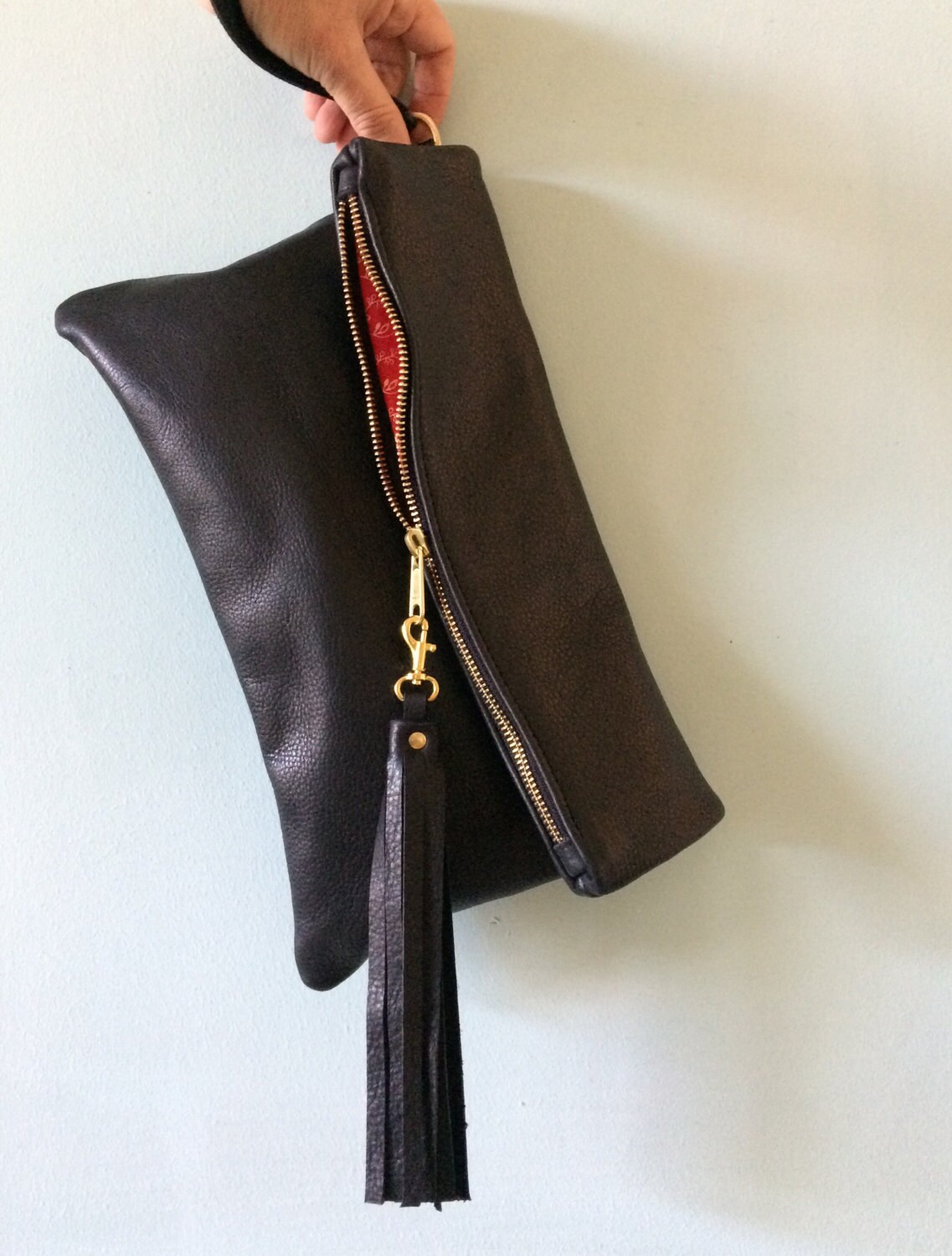Black leather clutch bag leather fold over clutch purse