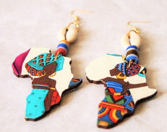 Fabric Covered Wood Earrings-Lady Africa With Cowrie Shell 2