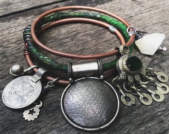 Gypsy bangle stack with vintage kuchi, yellow jade | boho bangles, stacking bangles, boho bangle set, tribal gypsy, copper and silver