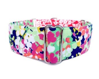 Phoebe's Garden Dog Collar - Impressionistic Floral and Soft Red Damask Martingale Collar or Buckle Dog Collar