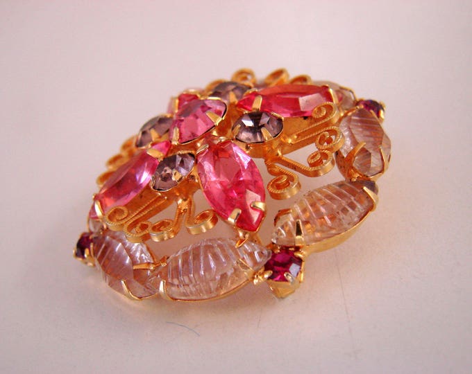 Vintage Pink & Amethyst Rhinestone Cluster Brooch Open Back Navettes Art Glass Juliana (?) Jewelry Jewellery