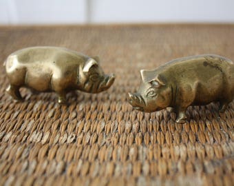 Pair of brass pigs, two small brass pigs, brass animals, brass figurines, childs decor, childrens room