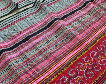 Handwoven batik hemp, Hmong Vintage textiles and fabric- Upholstery-table runner from Thailand