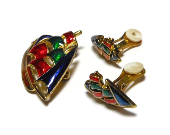 FREE SHIPPING Nautical sailboat set, enamel boat, red blue green, gold plated, brooch clip earring, interchangeable pendant brooch