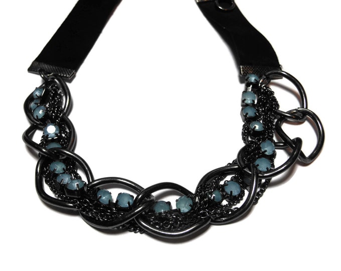 FREE SHIPPING Turquoise statement choker, acrylic rinestones, gunmetal chain, turquoise blue necklace, black ribbon