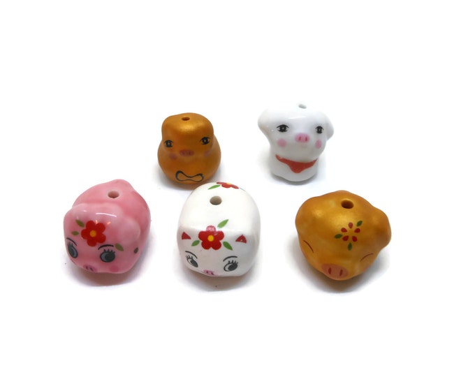 Porcelain pig beads, 5 piece lot, gold pink red white, ceramic small beads, animal Kawaii pig beads, three matching style, unique gold pig
