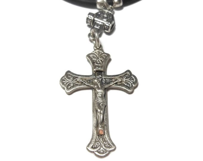 FREE SHIPPING Sterling crucifix cross pendant, silver Crucifix, black cord sterling findings, unisex pendant, religious gift, 925 silver