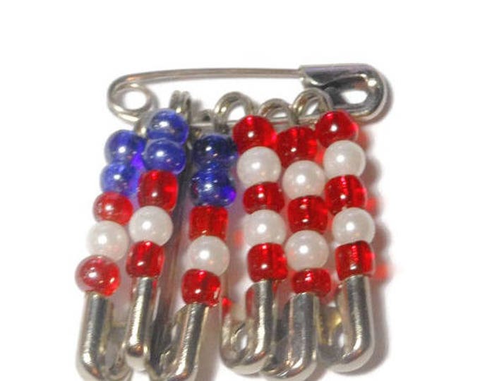 SALE Safety pin flag brooch, U.S.A. American flag pin, red white and blue beads on safety pins to form flag, United States patriotic, 4th...
